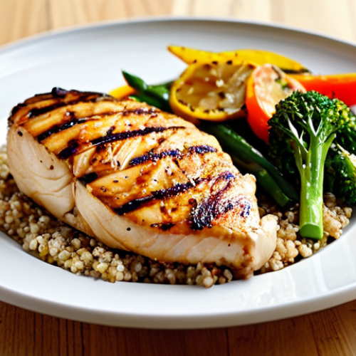 Healthy Eating Choices**

A vibrant and colorful display of a balanced meal: grilled chicken breast with steamed vegetables and a side of quinoa. The setting is a bright and modern kitchen. The food is arranged artfully on a plate. Professional food photography, high resolution, perfect anatomy (of the food), correct proportions, safe for work, appropriate content, fully clothed (no people depicted), professional, family-friendly, healthy lifestyle.

**