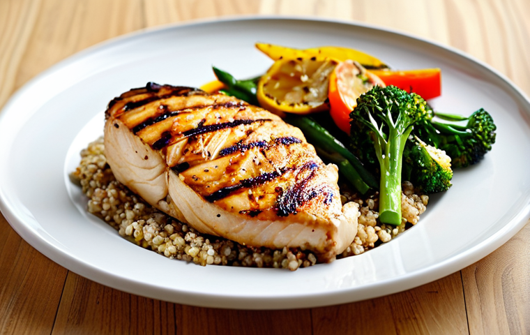 Healthy Eating Choices**

A vibrant and colorful display of a balanced meal: grilled chicken breast with steamed vegetables and a side of quinoa. The setting is a bright and modern kitchen. The food is arranged artfully on a plate. Professional food photography, high resolution, perfect anatomy (of the food), correct proportions, safe for work, appropriate content, fully clothed (no people depicted), professional, family-friendly, healthy lifestyle.

**