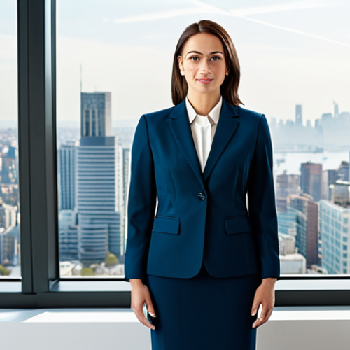 Professional Businesswoman**

A professional businesswoman in a tailored business suit, confidently standing in a bright, modern office with large windows overlooking a cityscape, fully clothed, appropriate attire, safe for work, perfect anatomy, natural proportions, professional photography, high quality.

**