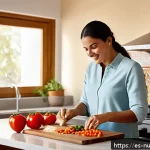 Home 18 고단백 저지방 식단과 다이어트의 관계 - A vibrant, modern kitchen scene featuring a Spanish woman preparing a high-protein, low-fat meal wit...