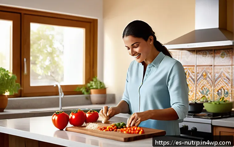 고단백 저지방 식단과 다이어트의 관계 - A vibrant, modern kitchen scene featuring a Spanish woman preparing a high-protein, low-fat meal wit...