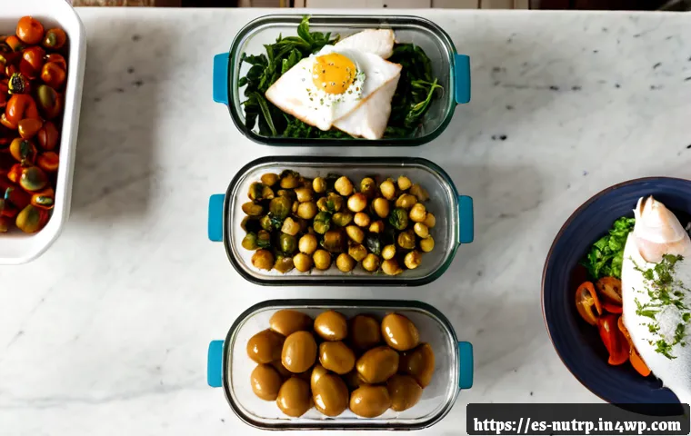 Home 15 고단백 저지방 식단의 효율적인 식사 준비 - Photorealistic overhead view of efficient high-protein low-fat meal preparation in a bright Spanish ...